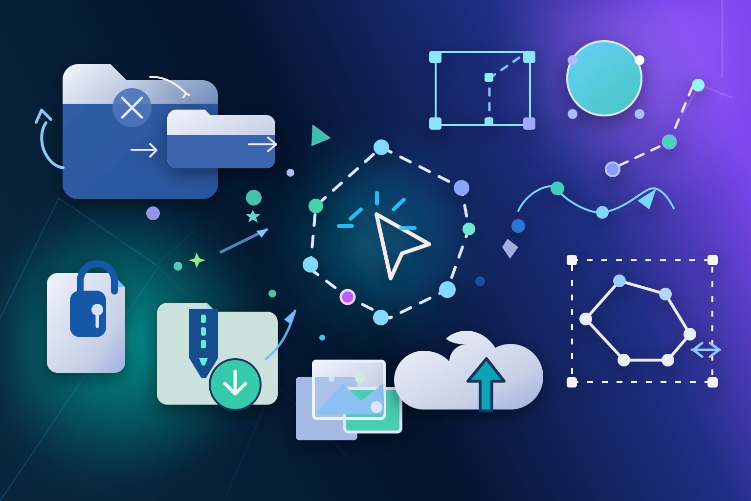 Abstract changelog artwork showing editable tracing tools, file actions, uploads, exports, and a resizable path on a blue-purple gradient background